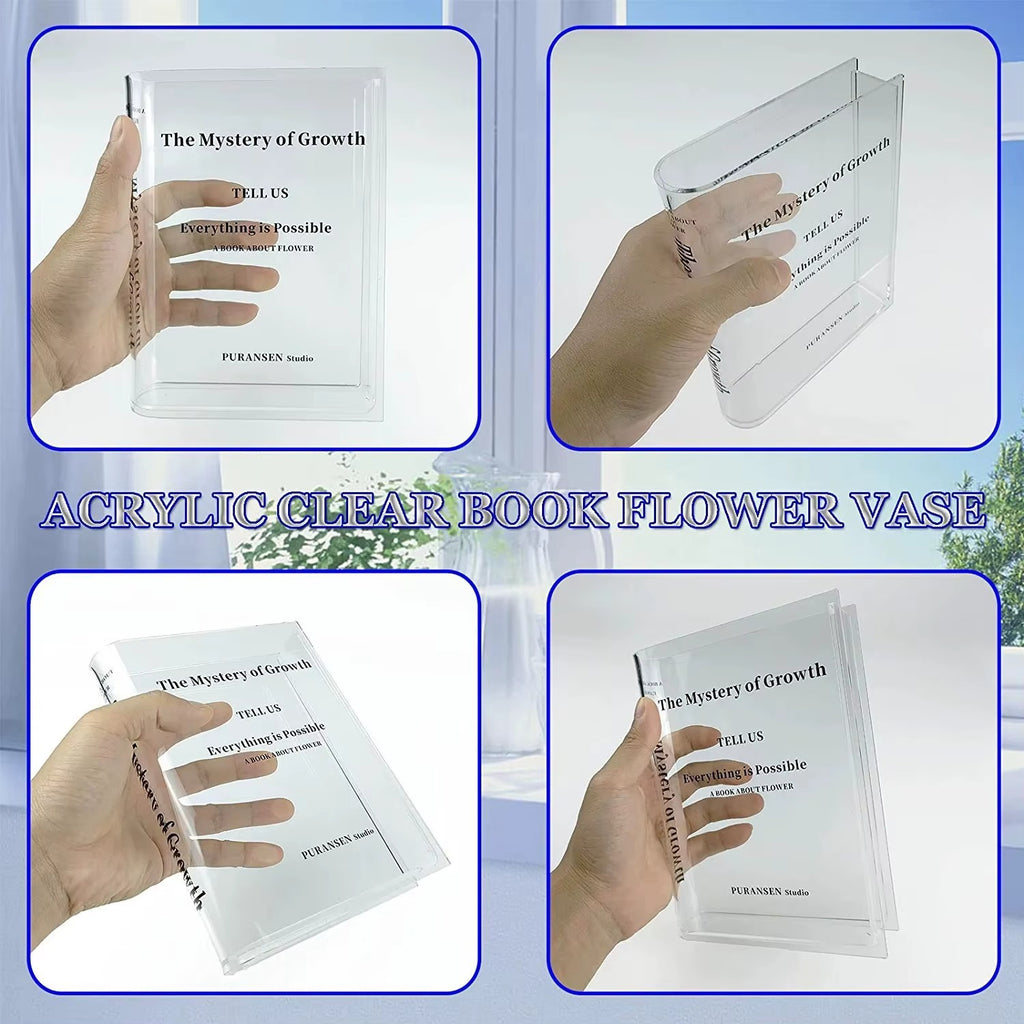 Akril Şəffaf Kitab Formalı Gül Vazası – Hidroponik Gül Düzəni üçün Akril Vaza, Ofis və Masaüstü Dekor Vazası
