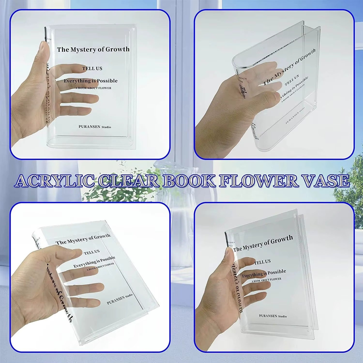 Akril Şəffaf Kitab Formalı Gül Vazası – Hidroponik Gül Düzəni üçün Akril Vaza, Ofis və Masaüstü Dekor Vazası